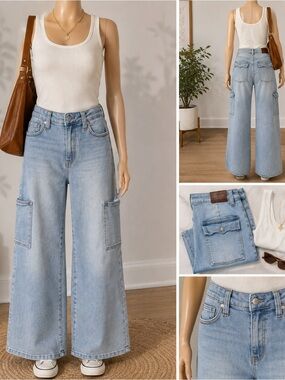 Judy Blue Wide Leg Utility Jeans Women’s S 5/27 Light Wash High Rise Carpenter
